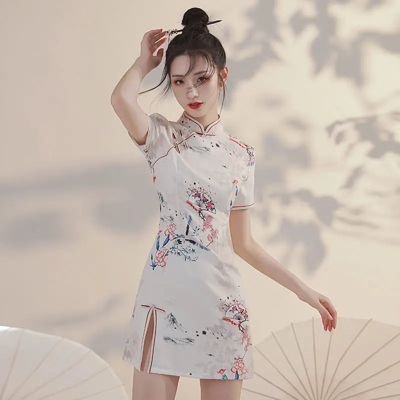 

Chinese Style Women Elegant Vintage New Cheongsam Summer National Tide Cheongsam Dress Fashion Young Woman Dress White Dress