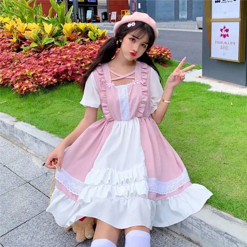 

Bow High Waist A-line Long Sleeve Dress E Girl Kawaii Sweet Spring Summer 2021 Women Fashion Lolita Dress Female Youth Series