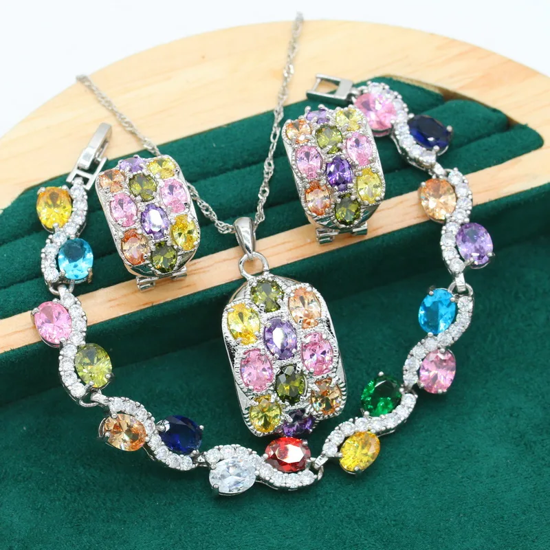 

925 серебро ювелирные наборы для женщин на день рождения разноцветный циркониевый браслет для новобрачных клипсы для ушей в форме ожерелье, ...