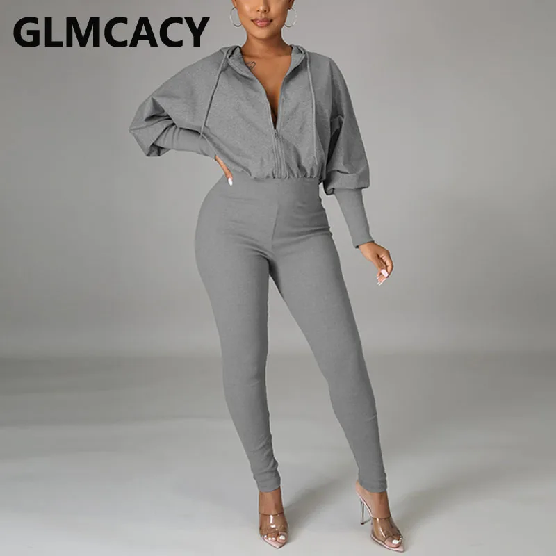 

Women Solid Zipper Front Hooded Jumpsuit Casual Slim Overalls