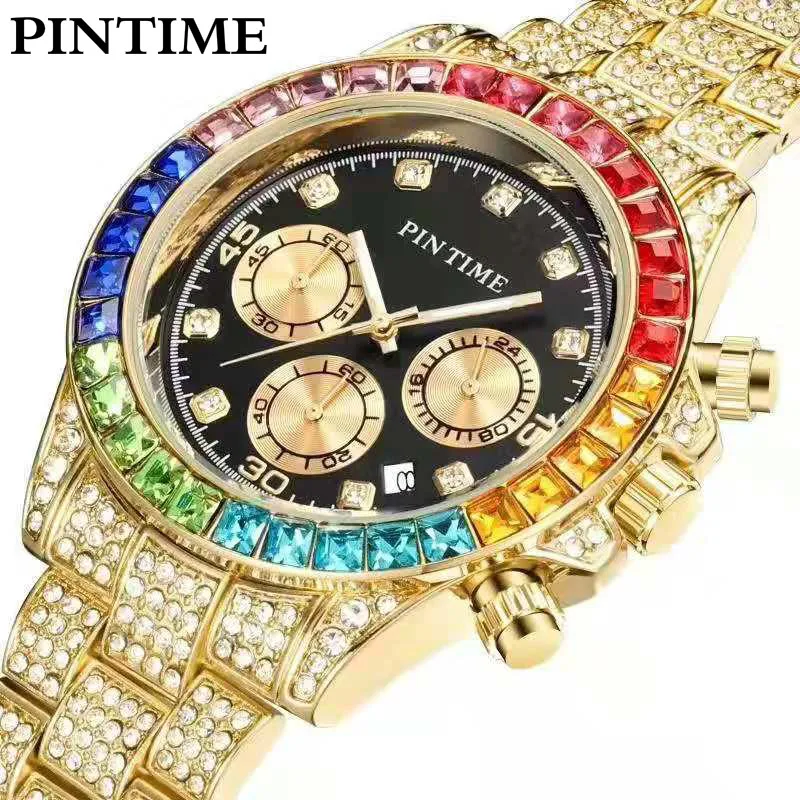 Iced Out Diamond Мужские часы Роскошные мужские из стали кварцевые 2020 хронограф