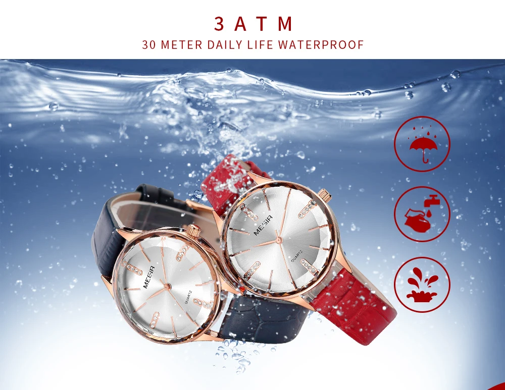 MEGIR Elegant Dress Women Watches Top Brand Luxury Quartz Ladies Watch Crystal Simple Dial Red Leather Strap Clock Waterproof | Наручные