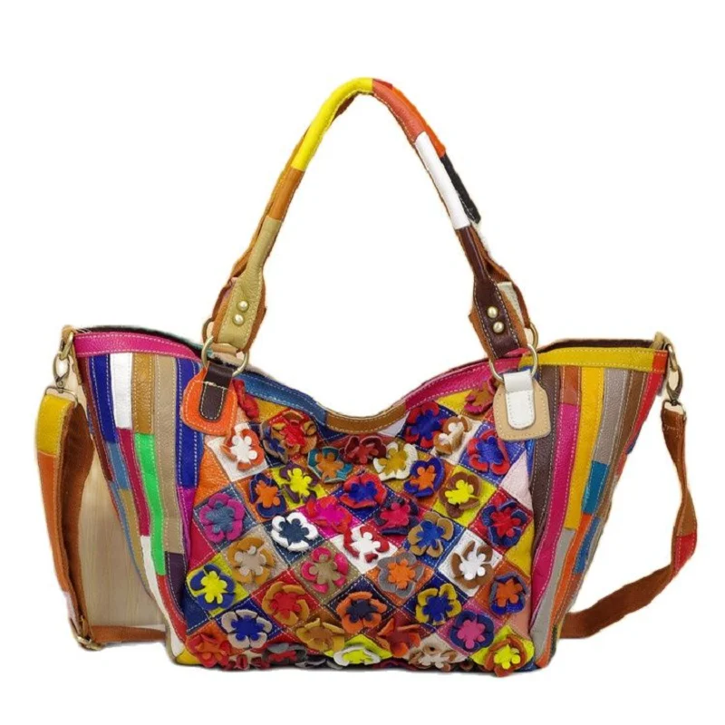 

573 New Genuine Leather Handbag Handmade Colorful Flowers Personality Characteristics Tidal Big Totes Oblique Women's Bag