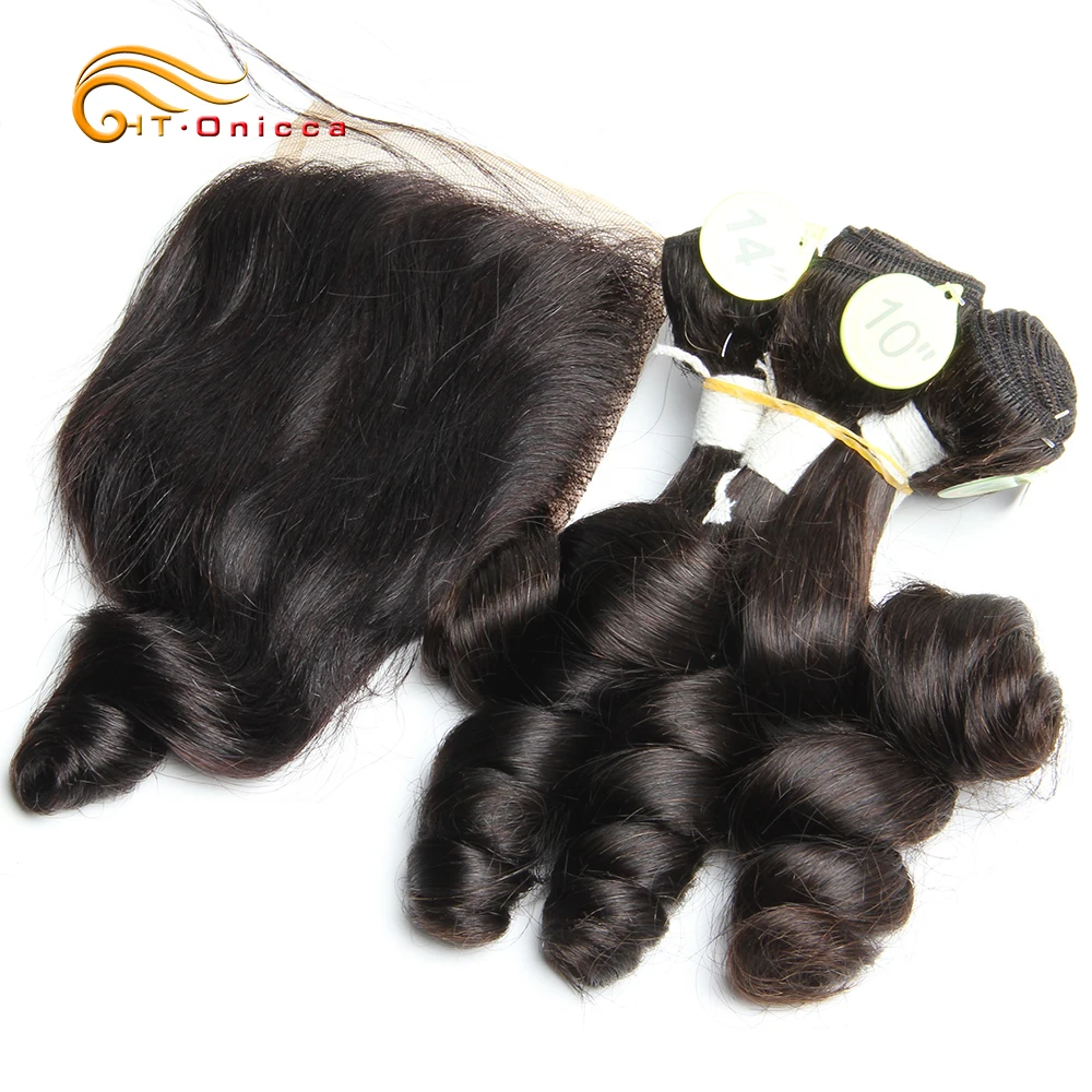 Hair Extensions Curly Hair Bundles With Closure Funmi Hair 5Pcs with Closure Remy Human Hair Weaves Peruvian Loose Wave Bundles