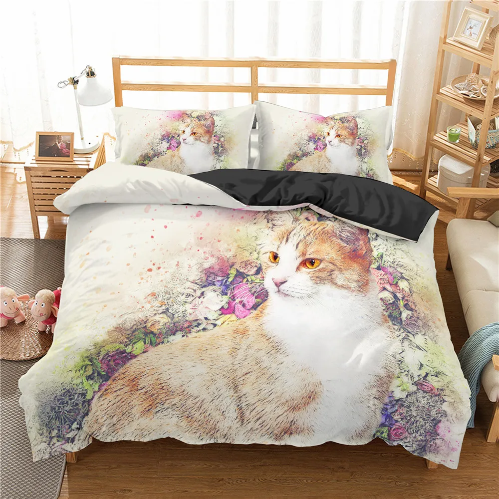 

New 2021 Cute Cat Bedding Set King Queen Size 100% Microfiber Bedspread Duvet Cover Set Animal Quilt Cover for Kids Adults