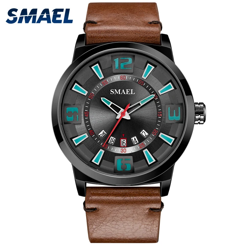 SMAEL Luxury Men's Sports Watches Waterproof Fashion Male Quartz Clock Man Analog Watch Simplicity Leather Strap Wristwatch Men