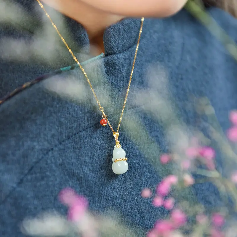 

New Silver Natural Hetian Jade Gourd Pendant Necklace Chinese Retro Jasper Palace Style Women's Brand Jewelry
