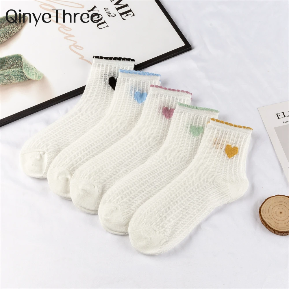 Women's Vertical Stripes Full Mesh Solid Color Love Heart White Summer Thin Soft Breathable Cotton Socks Hollow Out Dropship