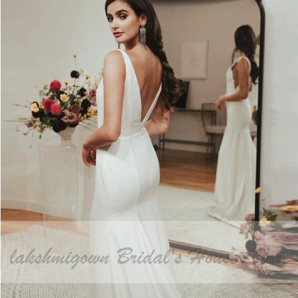 Lakshmigown стильное платье, в стиле русалки, v-образный вырез, сексуальное атласное свадебное платье со шлейфом, глубокий v-образный вырез сзади, сексуальные свадебные пляжные платья