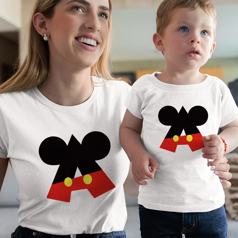 

Cartoon Mickey Mouse Letter Print Tshirt Mother Kids Clothes Summer Color Casual Short Sleeve Couple Matching Tee Family Look