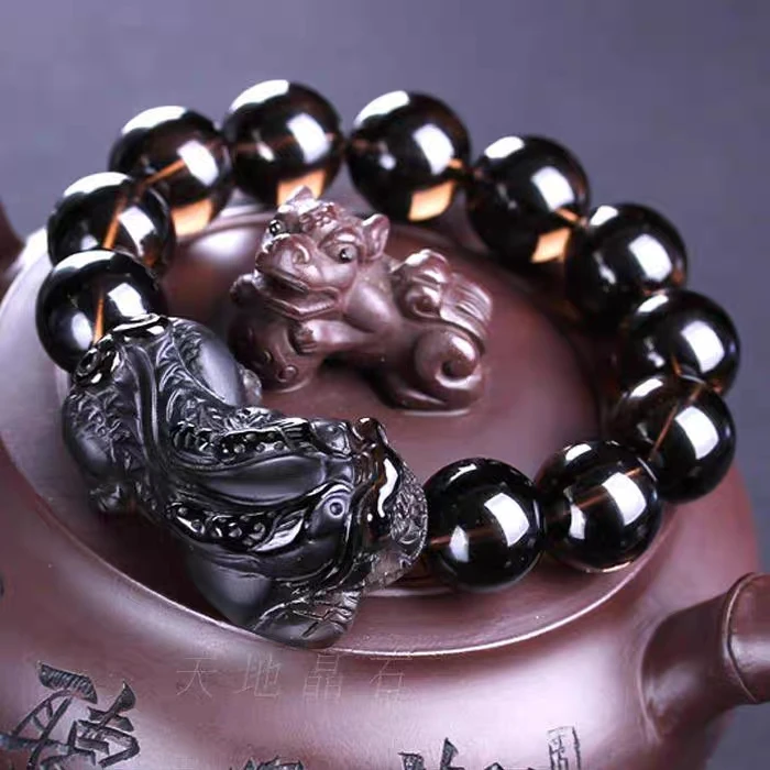 

Natural Black Obsidian Crystal Bracelet Women Men Healing Pi xiu Carved 10mm12mm 14mm Stone Stretch Round Beads AAAA