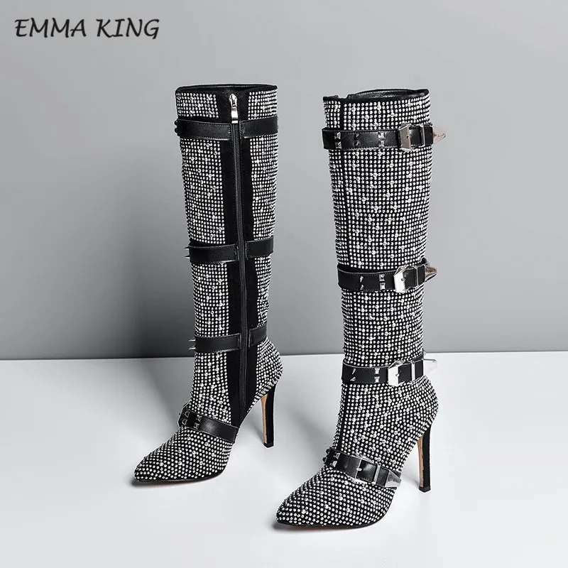 Style 2 Emma king/роскошные сапоги выше колена с украшением в виде кристаллов; сезон осень-зима; женские сапоги на высоком каблуке с заклепками, заклепками и ремешком - Цвет: Style 2