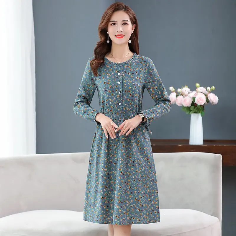 

Spring and AutumnWomen Long Sleeve Floral cotton dress Casual Elastic Waist Stand Neck Floral Party Dress Female Dress Vestidos