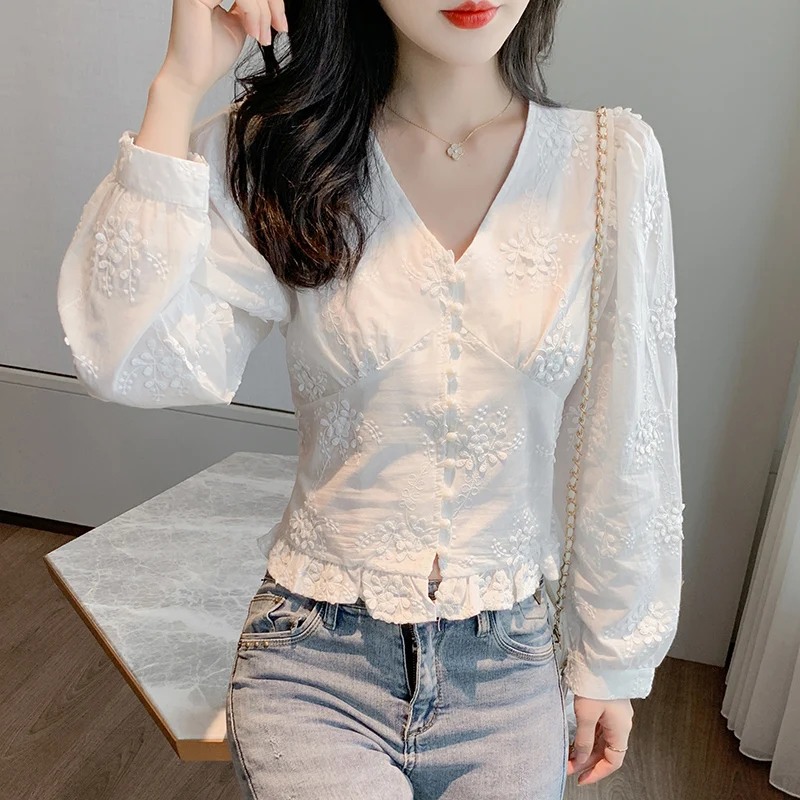 Рубашка женская с V-образным вырезом белая кружевная блузка винтажный буф