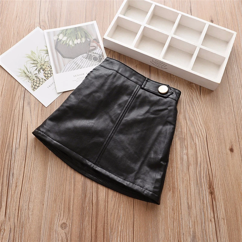 Spring Autumn Pu Leather Skirt for kids Baby Girls Clothing  Button Design Pleated Skirts Children Clothes