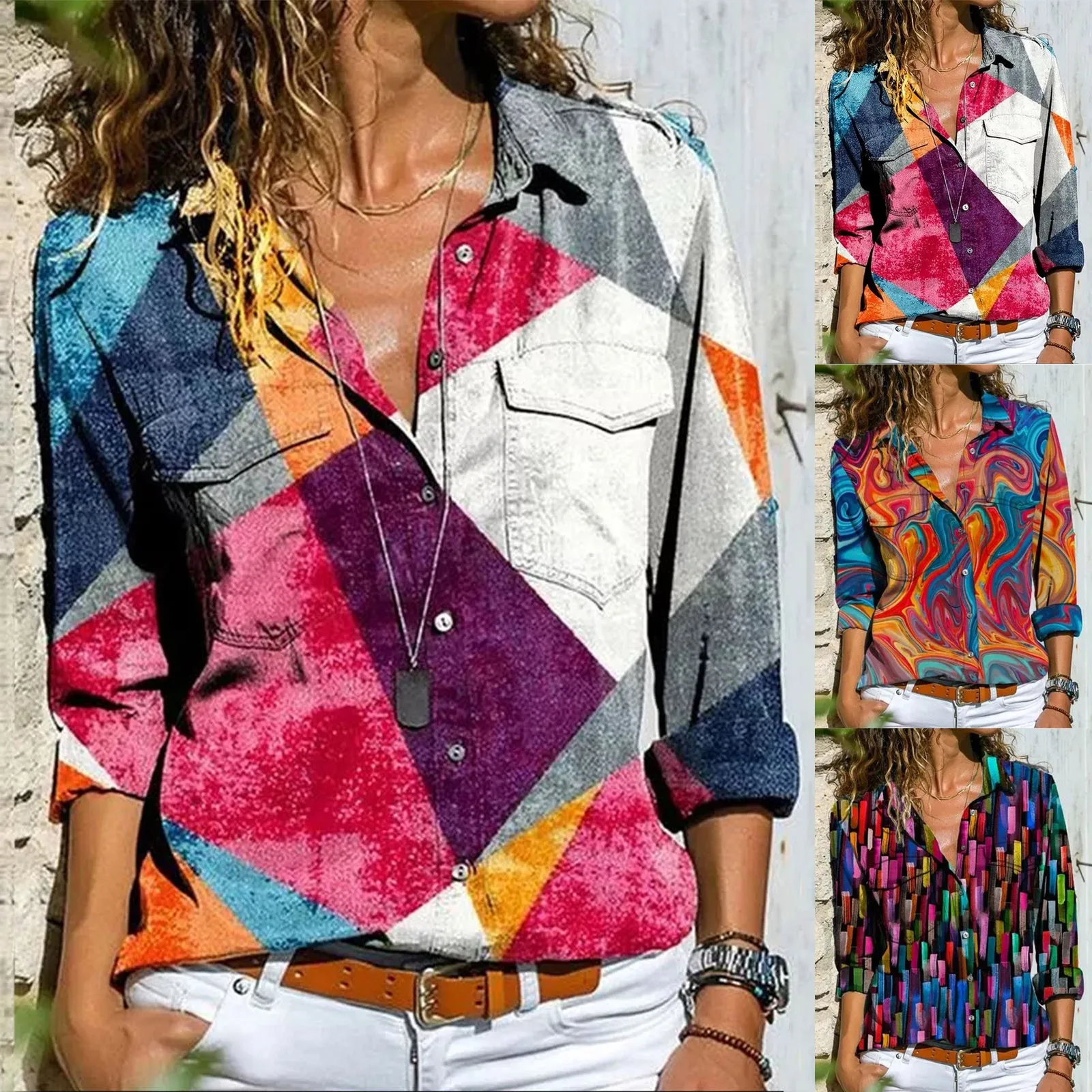 

Women Casual Print Long Sleeve Blouse V Neck Button Down Shirt Top 2021 Summer Female Loose Hong Kong Style Tee Shirt Plus Size