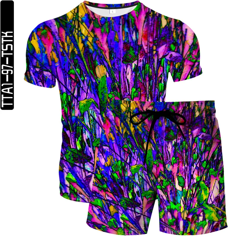 

2021 new men's and women's color 3D printing beach pants T-shirt summer color short-sleeved boutique men's clothing plant 3D ele