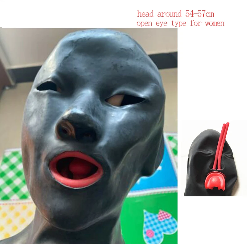 

3D Latex Hood 0.6mm Thickness Rubber Mask Fetish Closed Open Eyes with Red Mouth Gag Plug Long Nose Tube Back Zip or Men