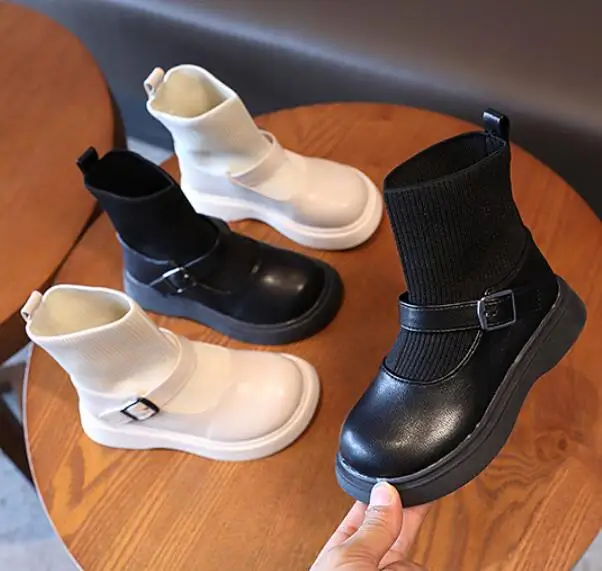 

Ботинки для девочек, демисезонные детские ботинки-мартинсы, вязаные детские короткие ботинки из искусственной кожи, водонепроницаемые бот...