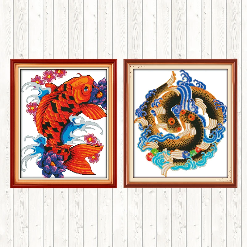 

Colorful Auspicious Fish Cross Stitch Kit DMC Cotton Thread Printed Canvas 14CT 11CT Counted and Stamped DIY Needlework Crafts