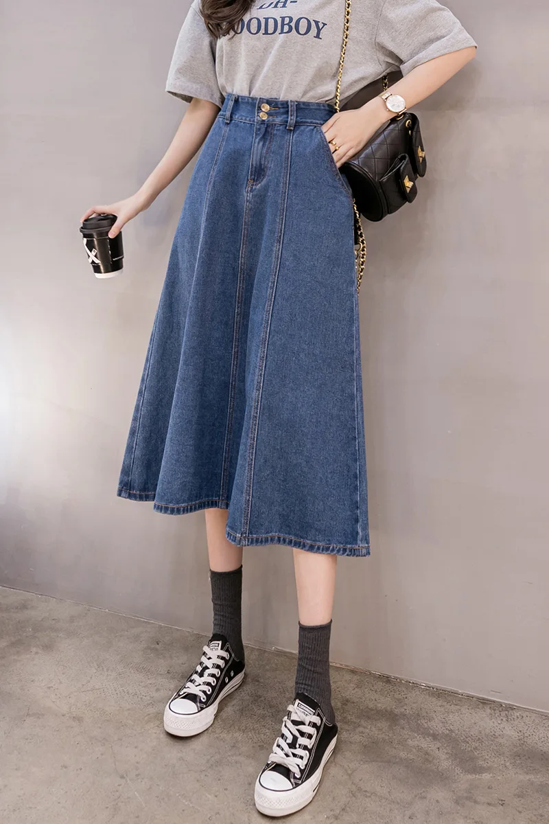 

COIGARSAM 4XL Plus Size Loose Women Long Skirt New Spring Summer High Waist Skirts Blue 6913