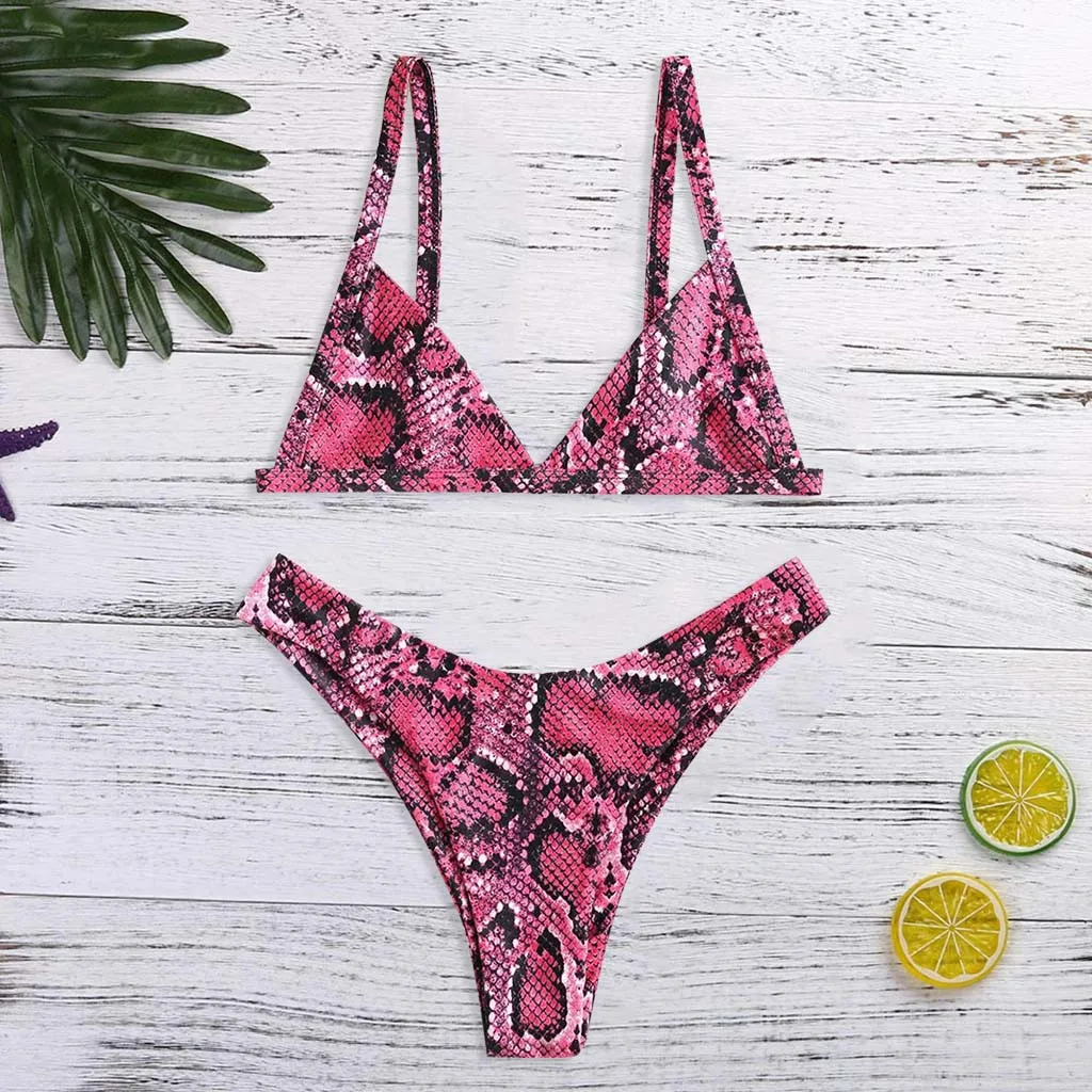 Vest Snake Printed Skin High Cut V Neck Thong Bikini Halter Two Pieces Monokini Swimwear Brazilian Push-Up Pad Beach Swimsuit#// | Женская