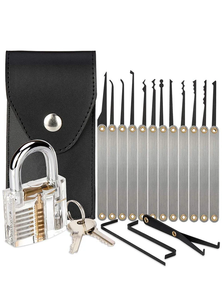 

19pcs Extractor Locksmith Wrench Tool Transparent Visible Pick Cutaway Practice Padlock Lock With Broken Key Removing Hook Kit