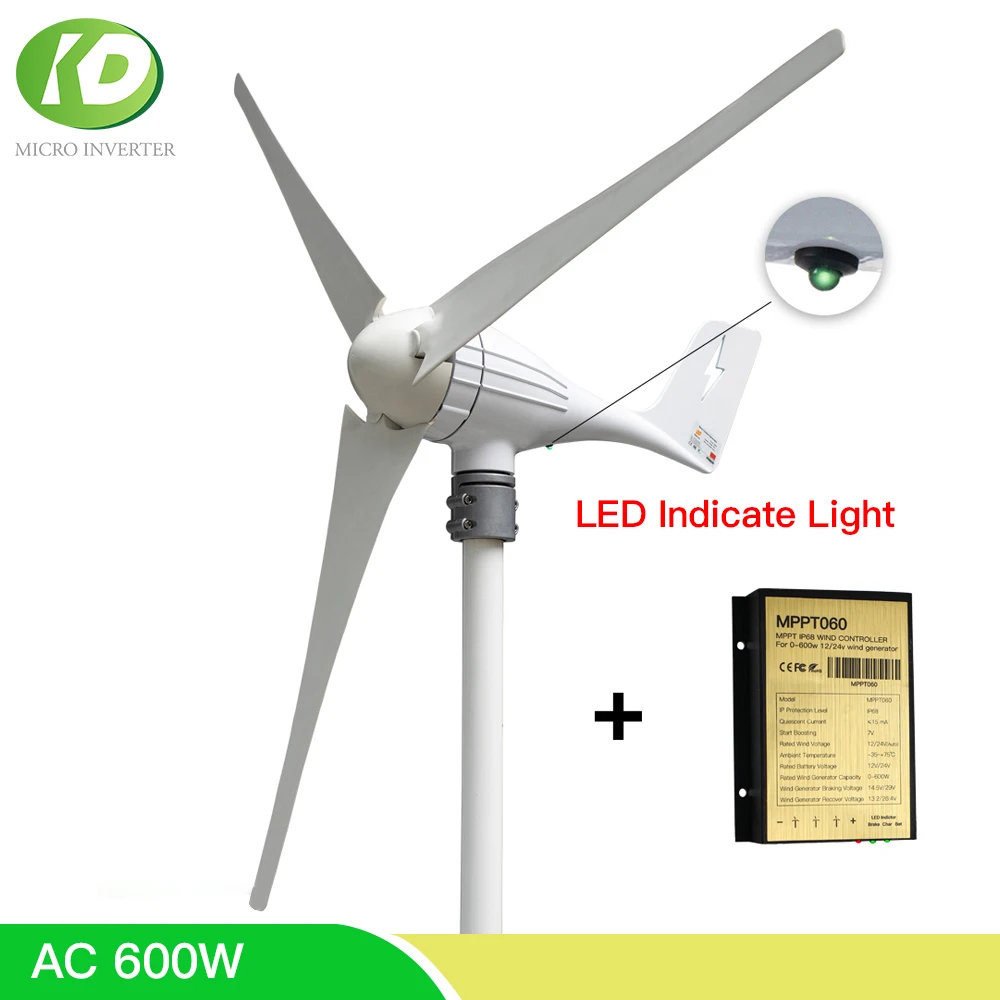

High Efficient 600W Wind Turbine Generator 12V 24V Home Small Windmill With LED Indicate Light Free MPPT Charge Controller
