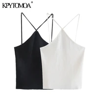 kpytomoa women 2021 fashion hollow out cropped knit tank tops vintage backless thin straps female camis mujer