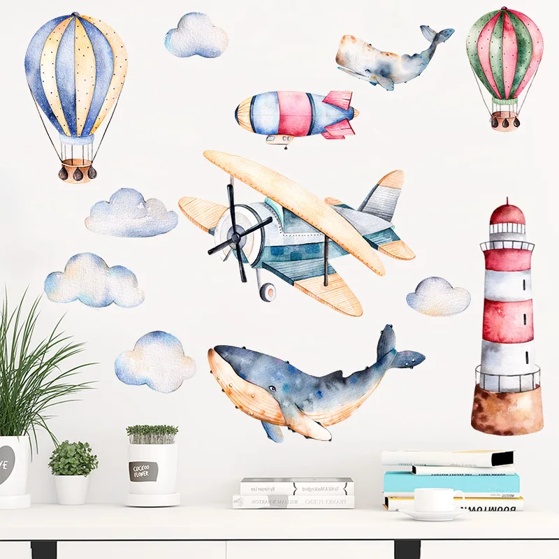 

Watercolor Airplane Lighthouse Wall Sticker for Baby Kids Room Wall Decal Home Decor Wallpaper Nursery Hotel Cartoon Art Murals