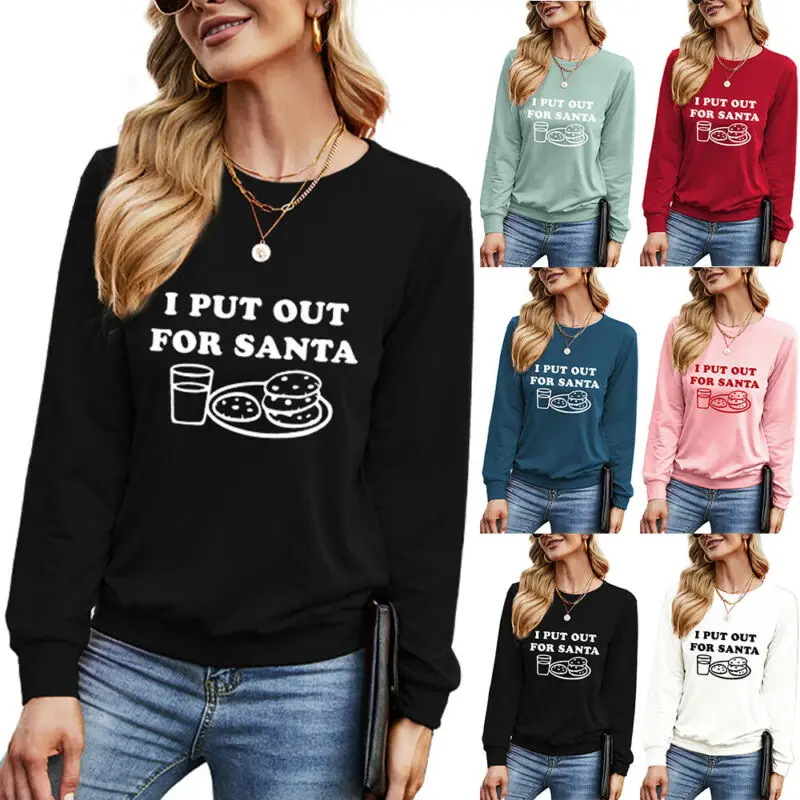 

Womens Printed Letter Clothes Hot Female Long Sleeve T-shirt Christmas Festival New Crew Neck Tops Winter 2021 Fashion Lady Tees
