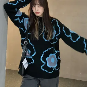 Women'S Sweater 2021 New Women'S Clothing Retro Contrast Color Flower Print Pullover Thickening Warm Long-Sleeved Pullover Women 10 item image