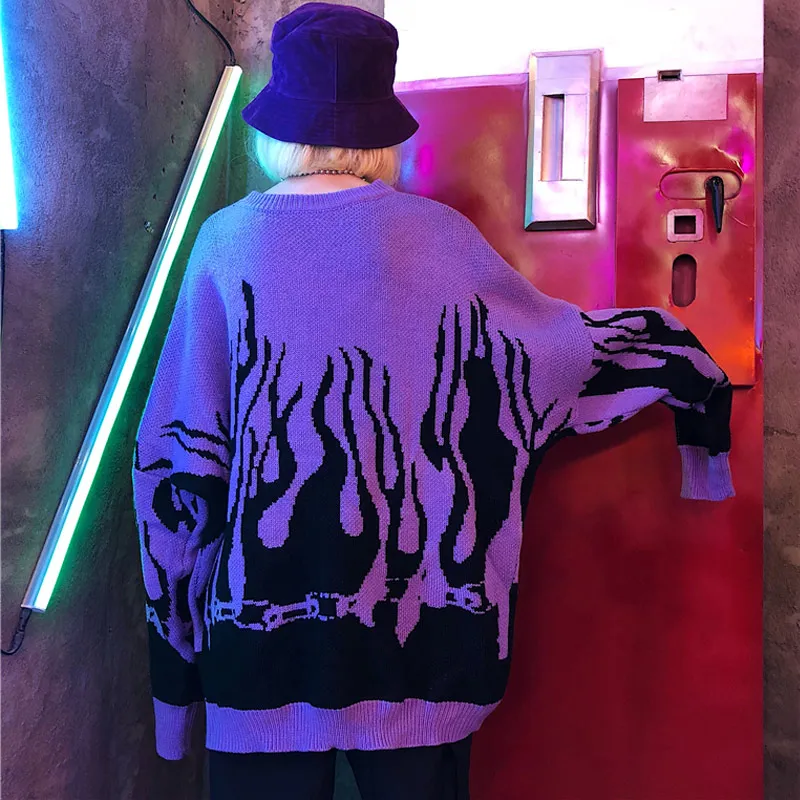 Oversize Knitted Batwing Sleeve Women's Sweater Winter Flame Print Sweaters Female Japanese Long Casual Loose Pullovers Women | Женская