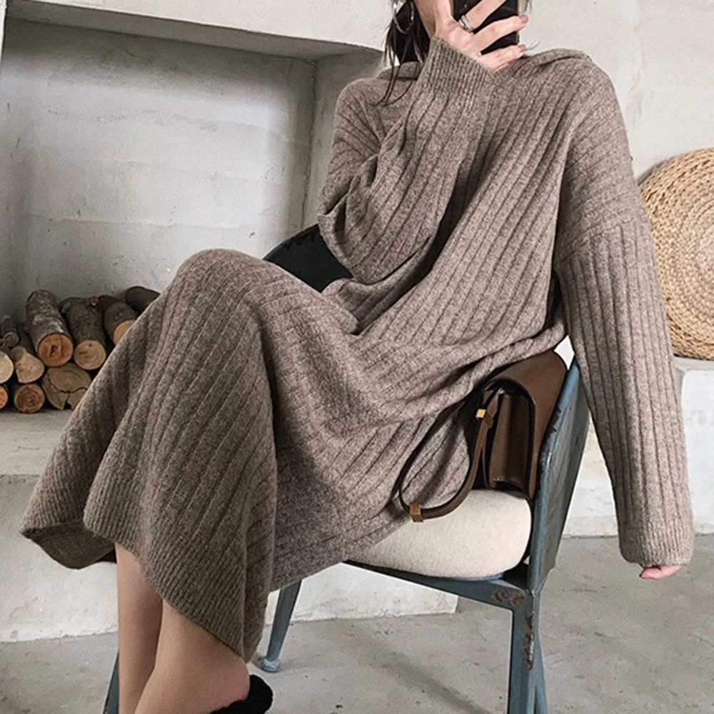 Autumn And Winter Dress New Women's Lazy Style Hooded Loose Knit Stretch Was Thinner Long Sweater Thicken Stripe Dresses | Женская