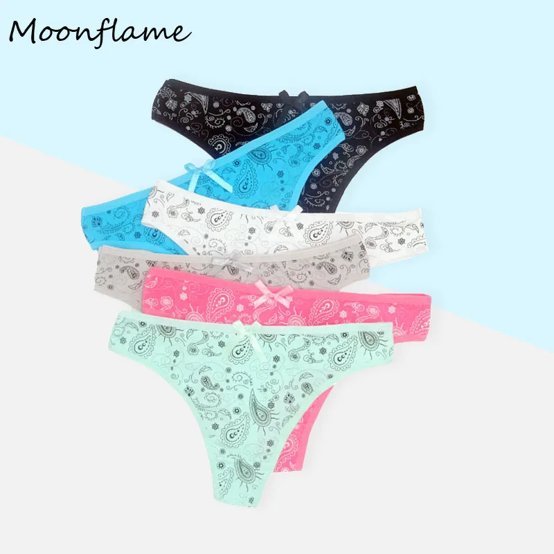 Moonflme, 5 шт./лот, женское нижнее белье, 6 цветов, сексуальные стринги с принтом, хлопковые стринги, M, L, XL, 87339