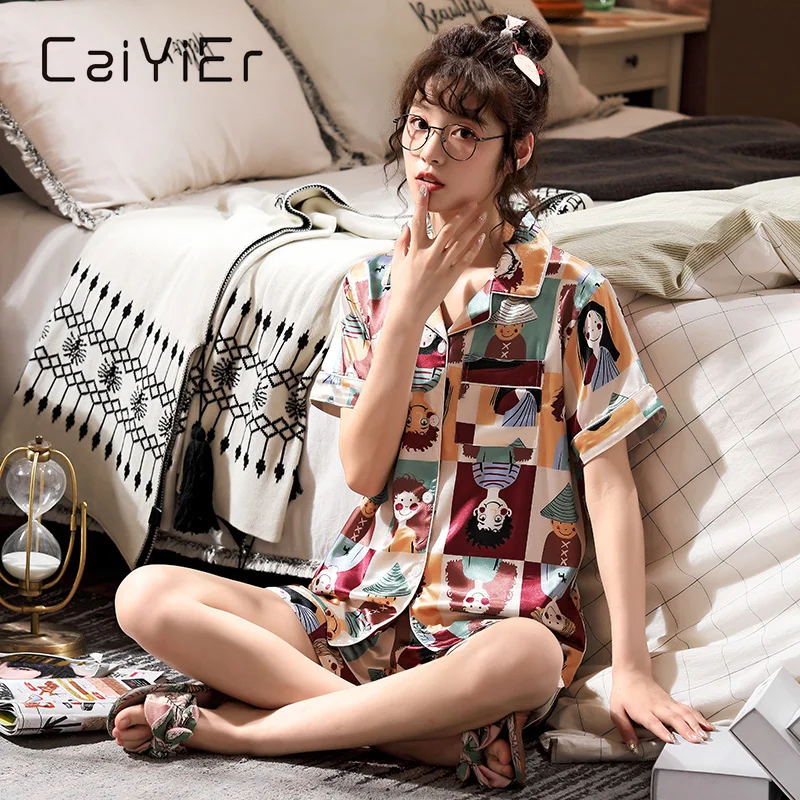 Летний пижамный комплект CAIYIER с мультяшным принтом милая шелковая ночная рубашка