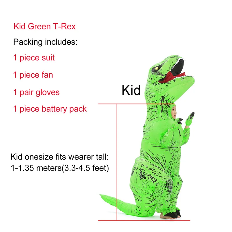 Kid Green T-rex JYZCOS взрослый T REX надувной костюм динозавра Хэллоуин партии Косплей Костюм для женщин мужчин детей Карнавальный костюм - Цвет: Kid Green T-rex