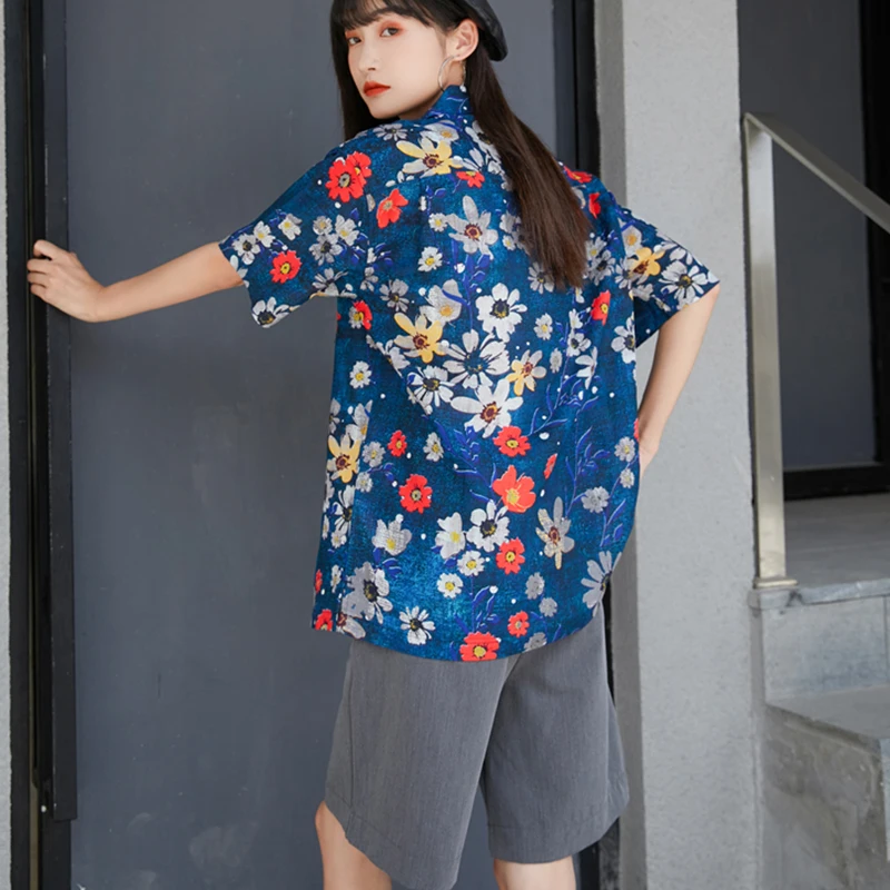 

Daisy Printing Short Sleeve Tops Blouse Women 2021 Summer Beach Style Turn Down Collar Button Linen Casual Loose Female Shirts