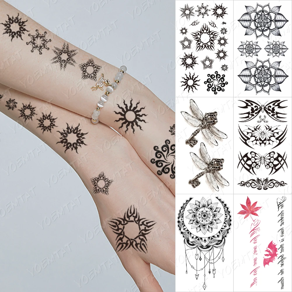 

Waterproof Temporary Tattoo Sticker Sun Round Linear Geometric Flower Dragonfly Black Tatto Arm Hand Fake Tatoo Man Woman Child