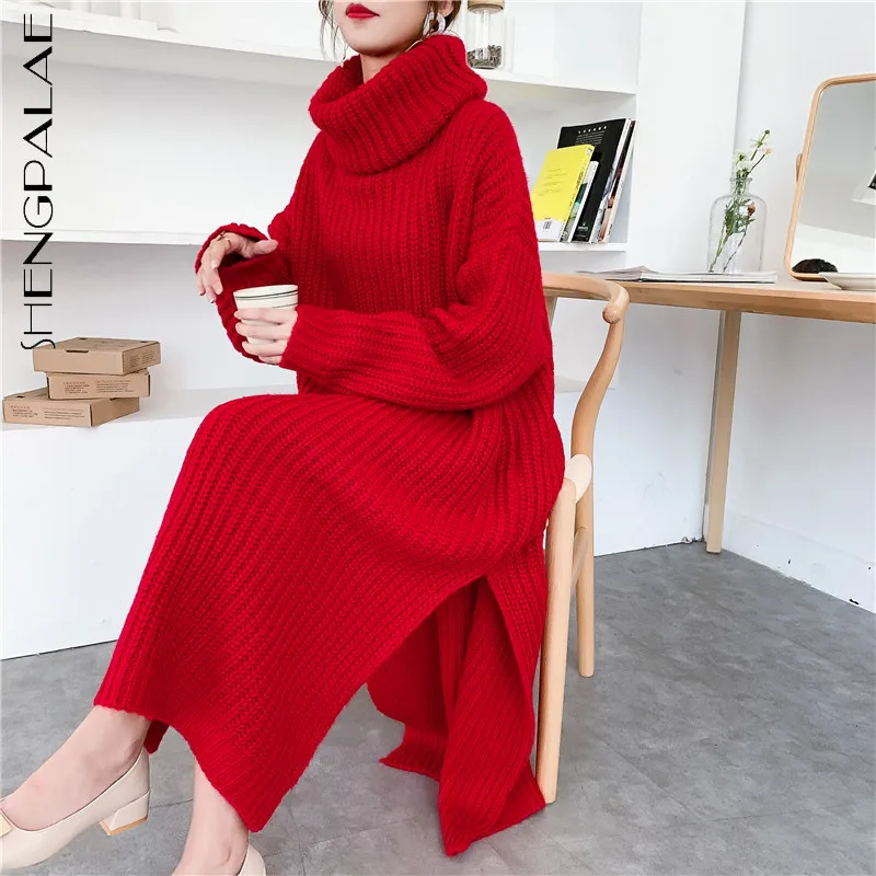 

SHENGPALAE модное красное плотное трикотажное платье женские осенние 2021 новые свободные платья до середины икры с высоким воротником и длинным ...