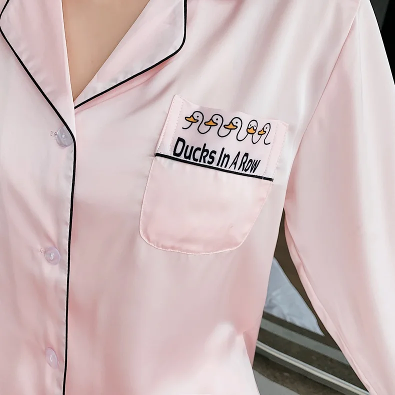 

Lady Sleepwear 2PCS Shirt&Pant Spring Long Sleeve Pajamas Set Satin Casual Loose Sleep Set Turn-down Collar Home Wear Nightwear