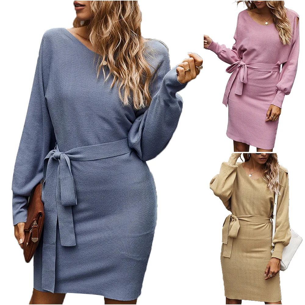 

Cofekate Women Dress Plain V Neck Knitted vestido de mujer Basic Knitwear Female Dress Slim Fit Lace Up Casual Winter Dresses