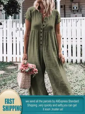 Комбинезон женский хлопково-льняной с коротким рукавом повседневные брюки на