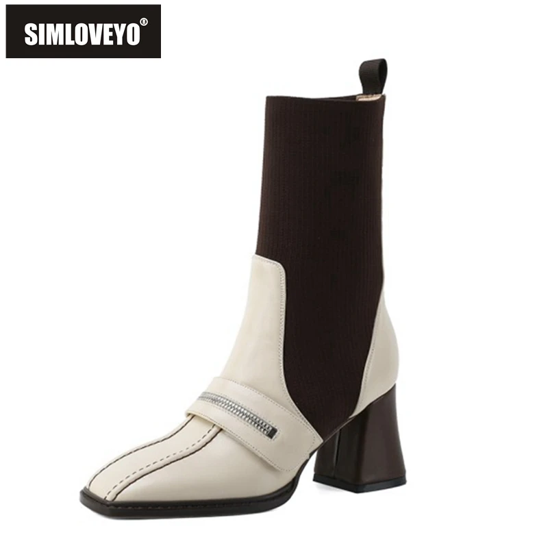 

SIMLOVEYO New Genuine Leather Sock Mid Calf Boots Elastic Knitting Fabric Zip Square Toe Slip On 7cm Chunky Heel US9 Black A4228