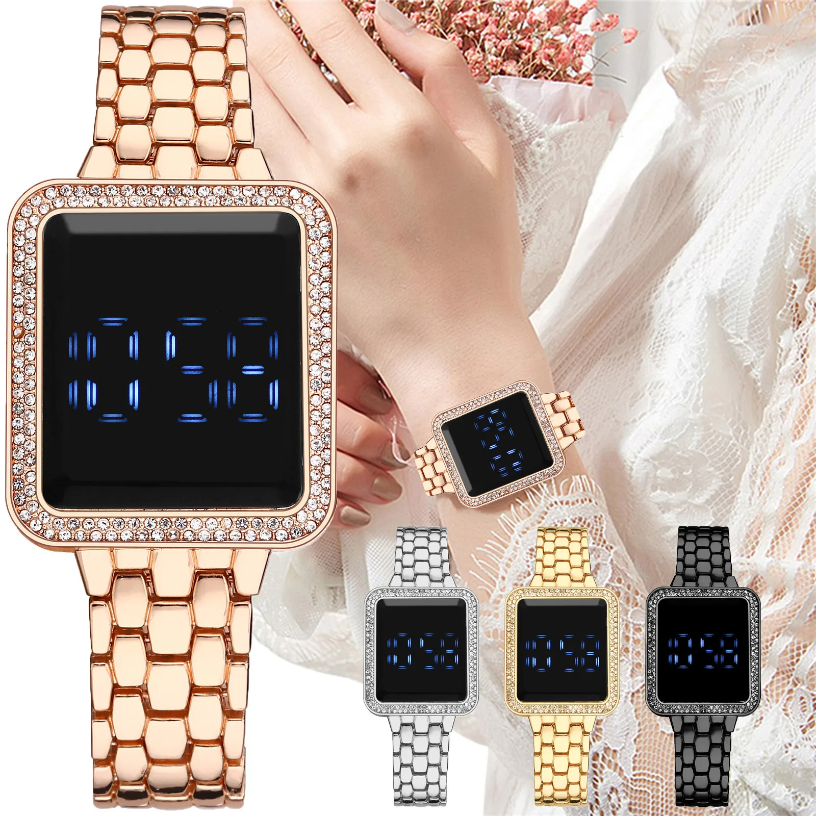 

Часы наручные женские кварцевые с квадратным циферблатом, брендовые Модные Простые Роскошные с сетчатым браслетом из розового золота