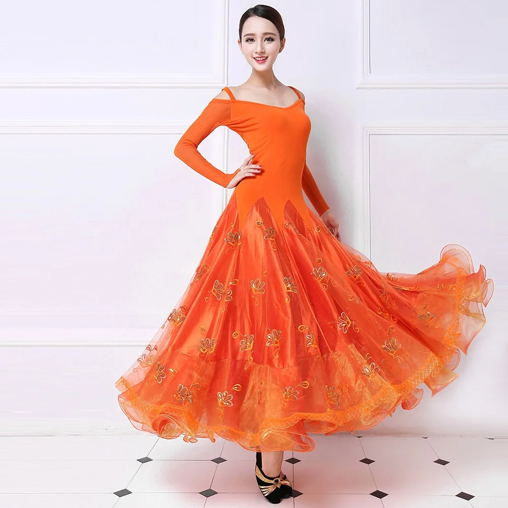orange ballroom dress standard dance costume tango costumes viennese waltz big swing foxtrot | Тематическая одежда и