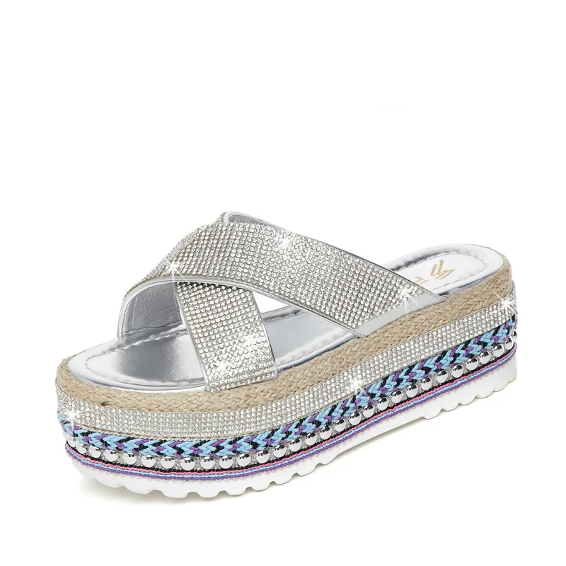 

Shoes Woman 2021 Slippers Casual Med Platform Pantofle Glitter Slides Luxury Flat New Soft Jelly Fashion Fabric Scandals PU Rubb