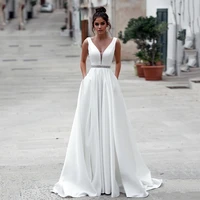 uzn new arrival white a line sleeveless v neck satin wedding dress sexy open back bridal gown plus size wedding gowns