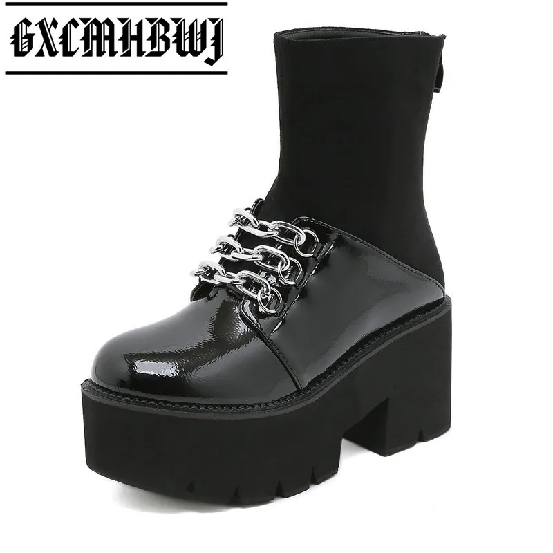 

GXCMHBWJ Patent Leather Gothic Black Boots Women Heel Sexy Chain Chunky Heel Platform Boots Female Punk Style Ankle Boots Zipper