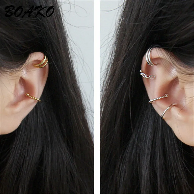 BOAKO, 1 шт., каффы для ушей, хрящи, клипсы для ушей, для женщин, не прокалываются, скрученные, маленькие, ушные каффы, 925 пробы, серебряные ювелирные изделия